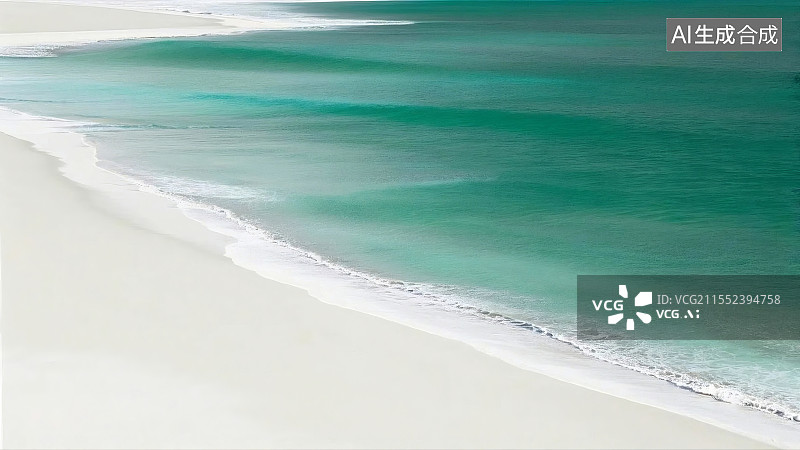 【AI数字艺术】俯瞰纯净白沙滩与层层叠叠的碧绿海浪相拥图片素材