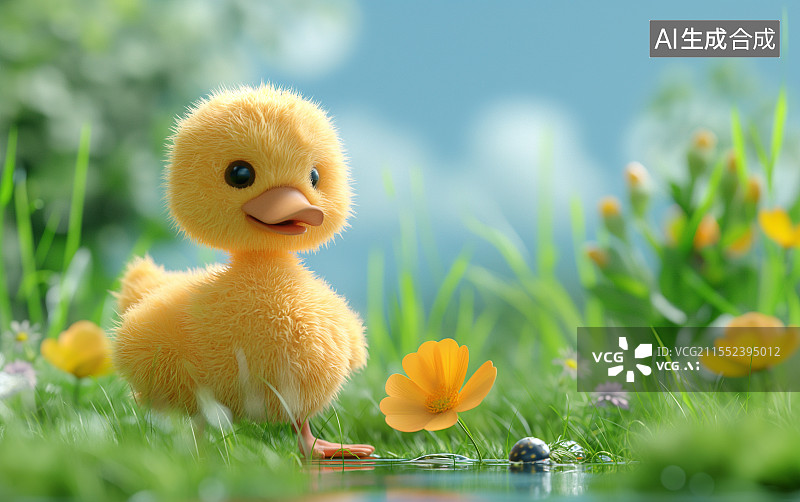 【AI数字艺术】草地里一只可爱的卡通小鸭子图片素材