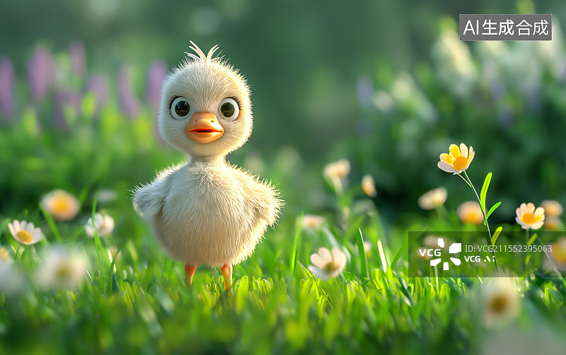 【AI数字艺术】草地里一只可爱的卡通小鸭子图片素材