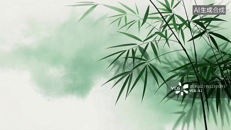 【AI数字艺术】水墨背景下舒展的翠绿竹叶图片素材