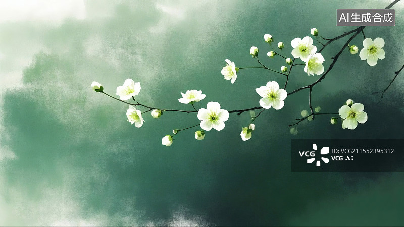 【AI数字艺术】水墨背景下洁白梅花缀于枝头图片素材