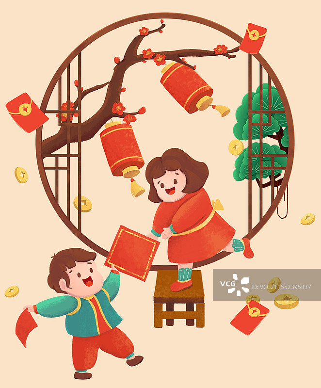 贴窗花挂灯笼图片素材