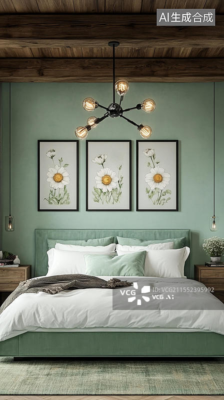 【AI数字艺术】绿色卧室花卉装饰图片图片素材