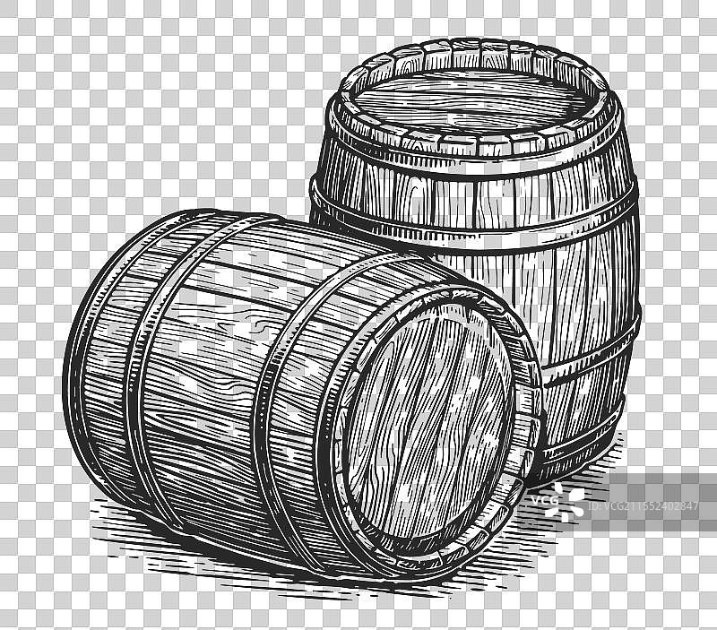 橡木酒桶装有葡萄酒或啤酒图片素材