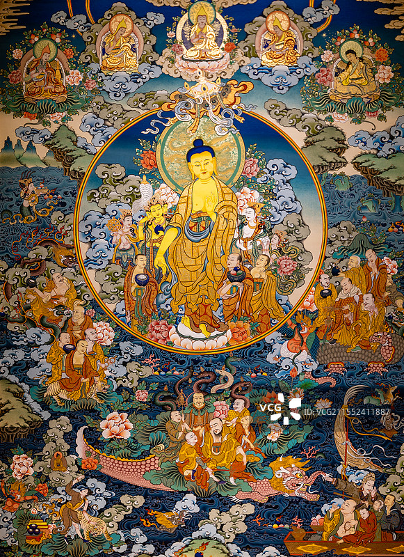 唐卡绘画故事释迦牟尼佛天降月回归图片素材