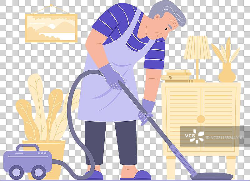 老年男子用吸尘器打扫房子图片素材