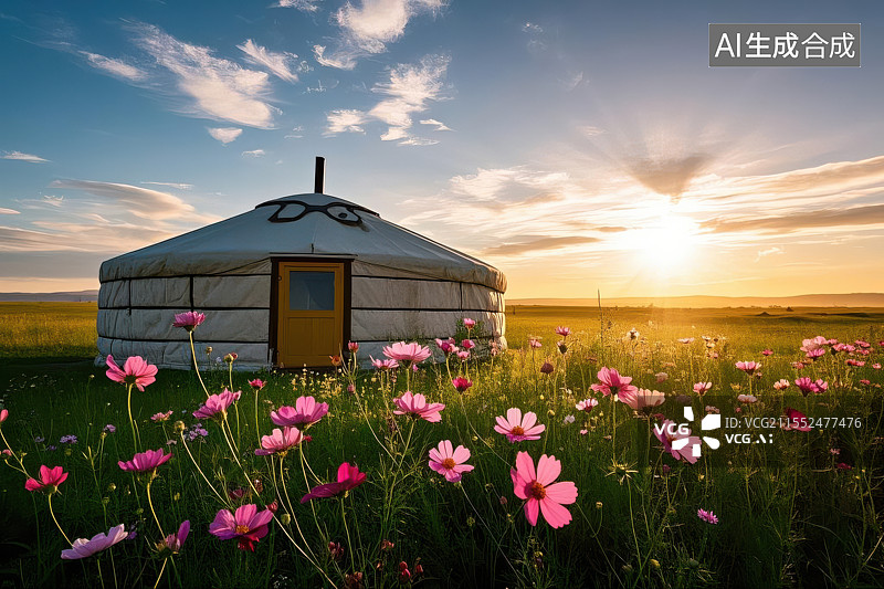 【AI数字艺术】花海中的蒙古包图片素材