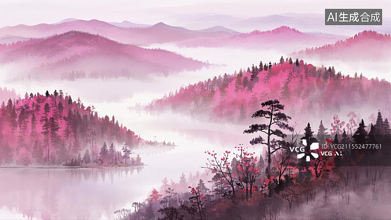 【AI数字艺术】粉紫色调的梦幻山林湖景图片素材