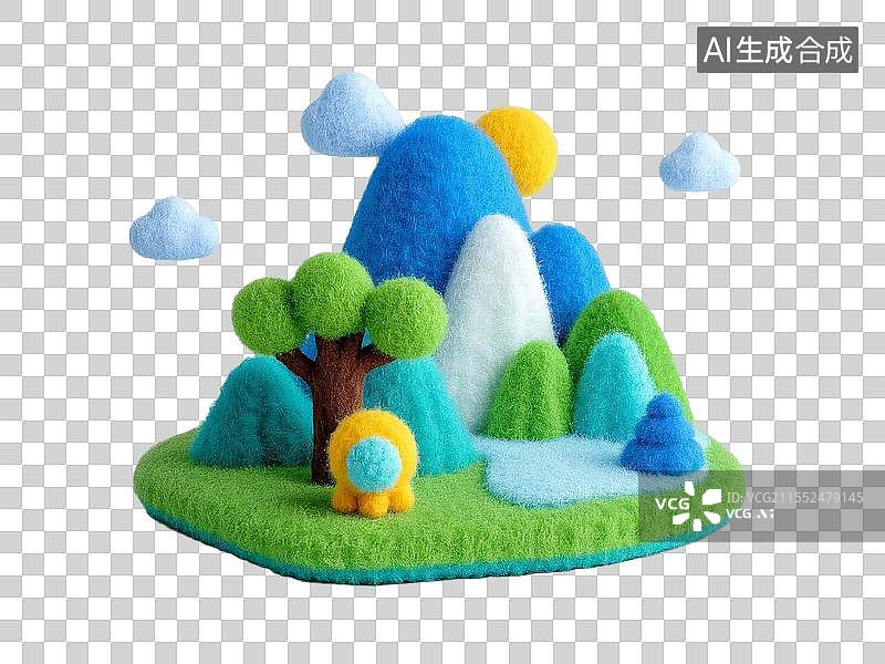 【AI数字艺术】3D卡通毛毡山脉太阳自然风光图片素材