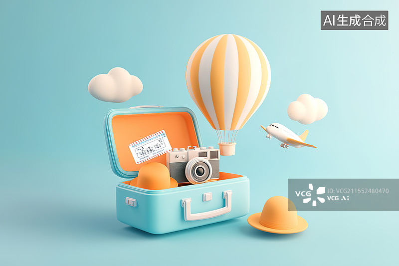 【AI数字艺术】3D卡通风格旅行箱热气球旅行概念插画图片素材