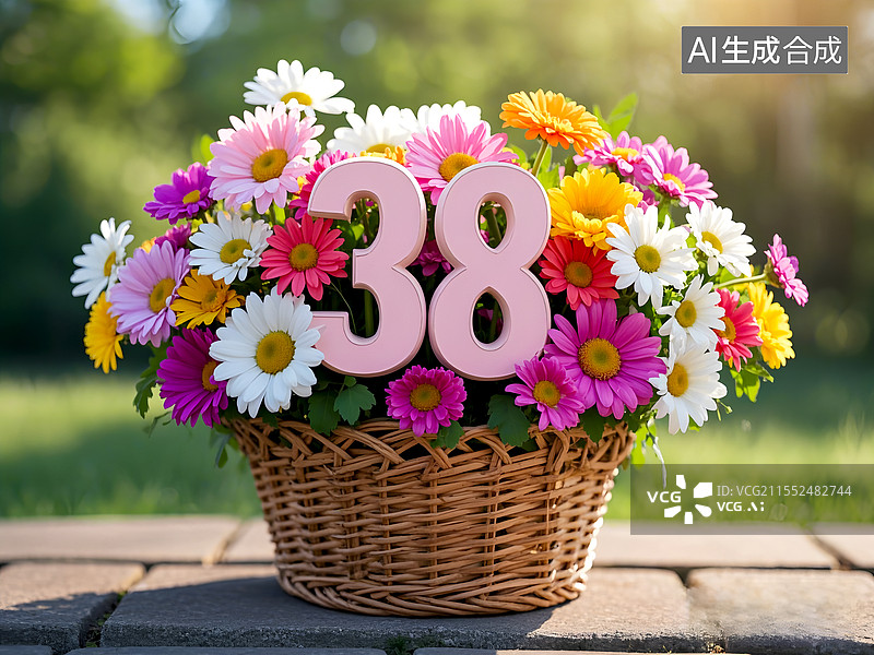 【AI数字艺术】春天，花篮里装满了美丽的鲜花和38立体字，庆祝三八妇女节图片素材