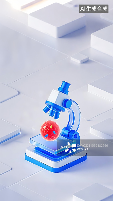 【AI数字艺术】病毒研究与科学探索：蓝色显微镜与红色病毒模型图片素材