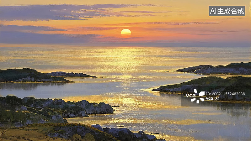 【AI数字艺术】​壮丽日落：橙色与紫色交织的海天画卷图片素材