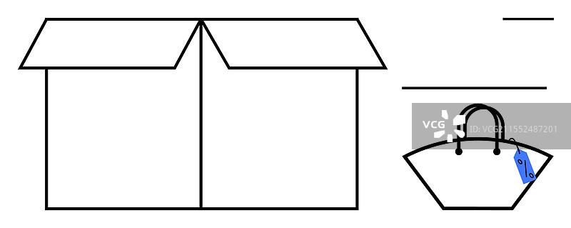 打开的纸箱旁边放着一个标价的手提包图片素材