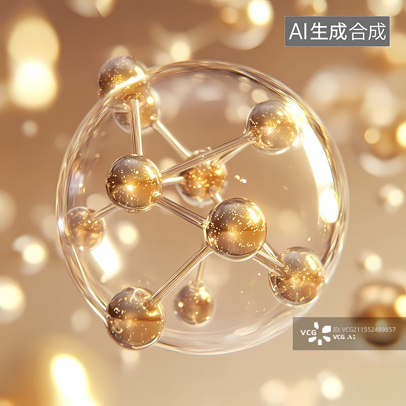 【AI数字艺术】金色梦幻分子结构悬浮图景图片素材