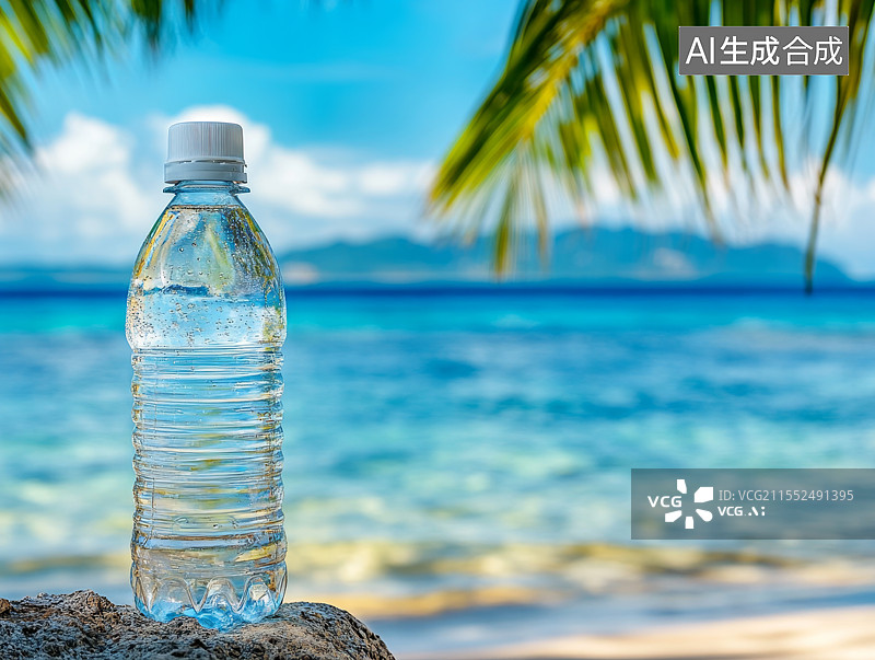 【AI数字艺术】矿泉水放在夏日海边图片素材