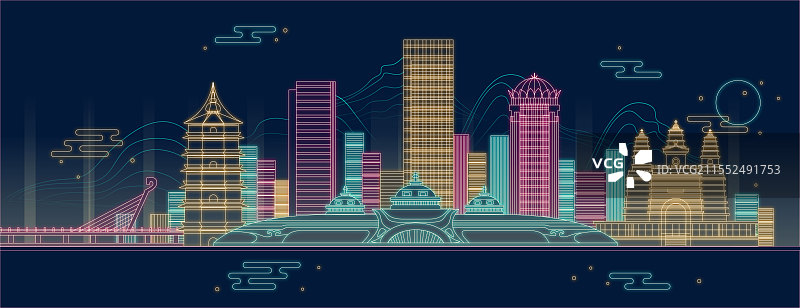 城市天际线地标建筑霓虹灯光赛博朋克新中式图片素材