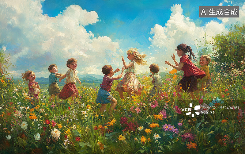 【AI数字艺术】一群孩子在绿地上玩耍图片素材