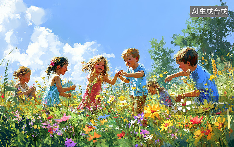 【AI数字艺术】一群孩子在绿地上玩耍图片素材