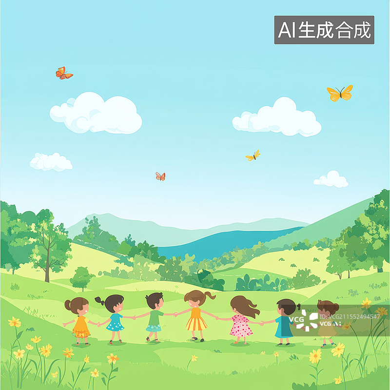 【AI数字艺术】一群孩子在绿地上玩耍图片素材