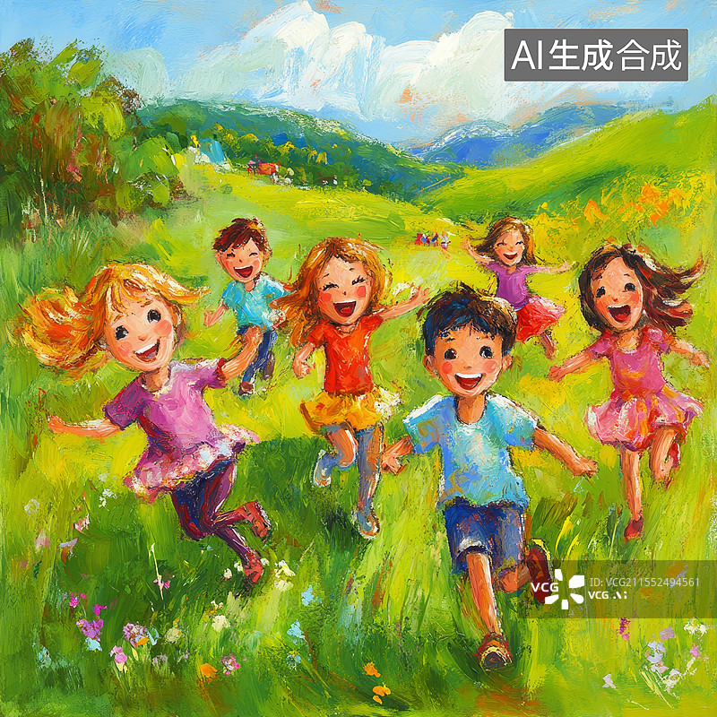 【AI数字艺术】一群孩子在绿地上玩耍图片素材