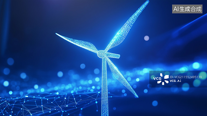 【AI数字艺术】新能源科技主题海报——风力发电 风车的全息投影图片素材