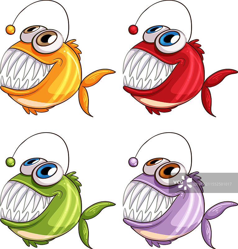 四条表情活泼的鲜艳琵琶鱼图片素材