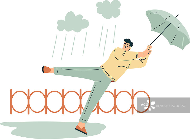 暴风雨中，男子与雨伞奋力抗争图片素材