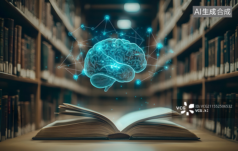 【AI数字艺术】图书馆书架前一本打开的书籍特写，画面中间是漂浮着的蓝色粒子发光大脑，人工智能机器学习概念插图图片素材