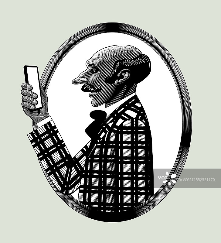 一个光头并留着胡子的复古男人在椭圆形框架中图片素材