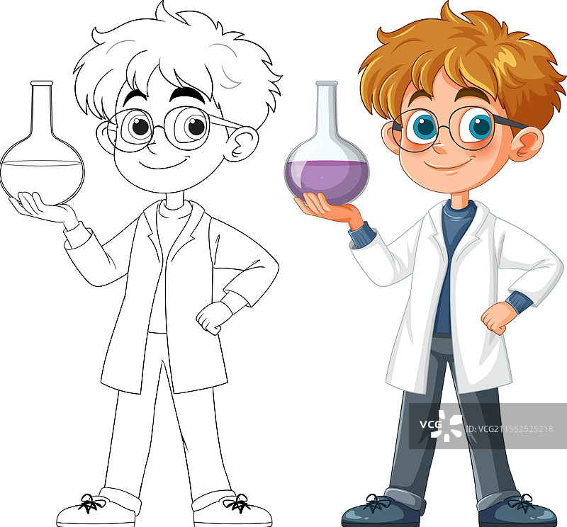 一个拿着紫色烧杯的卡通科学家图片素材
