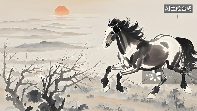 【AI数字艺术】中式国风写意水墨夕阳山水草地骏马图居右图片素材
