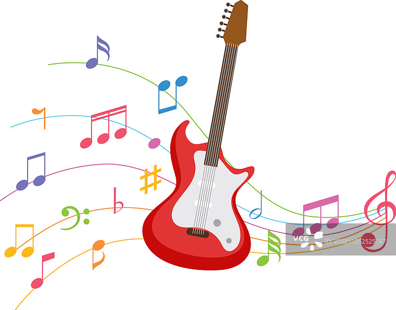 色彩斑斓的吉他与五彩缤纷的音乐环绕在一起图片素材