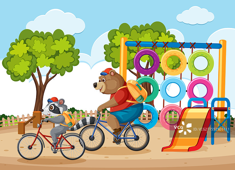 浣熊和熊在游乐场骑自行车图片素材