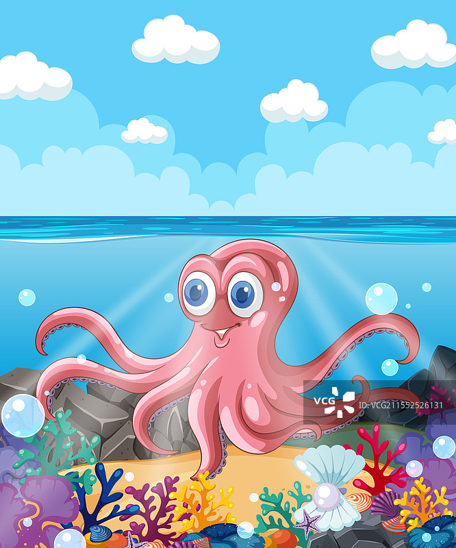 快乐的章鱼被五彩斑斓的水下世界环绕图片素材