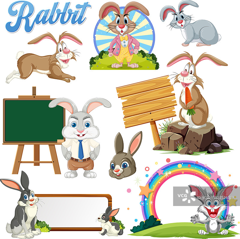 五彩斑斓的兔子与标志和彩虹图片素材
