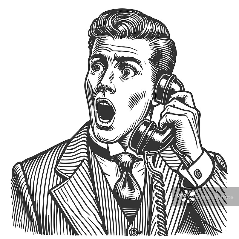 震惊的男人与复古电话的雕刻图案图片素材