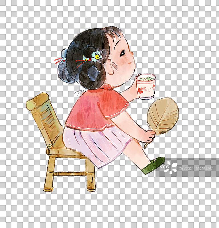 坐在竹椅上喝青梅汤饮料的小女孩图片素材