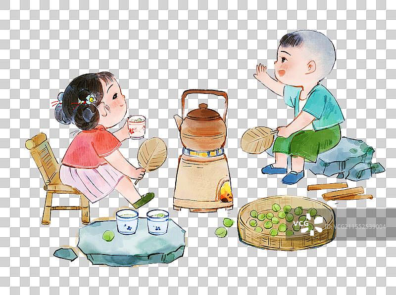 儿童围炉煮茶煮青梅汤水墨画图片素材