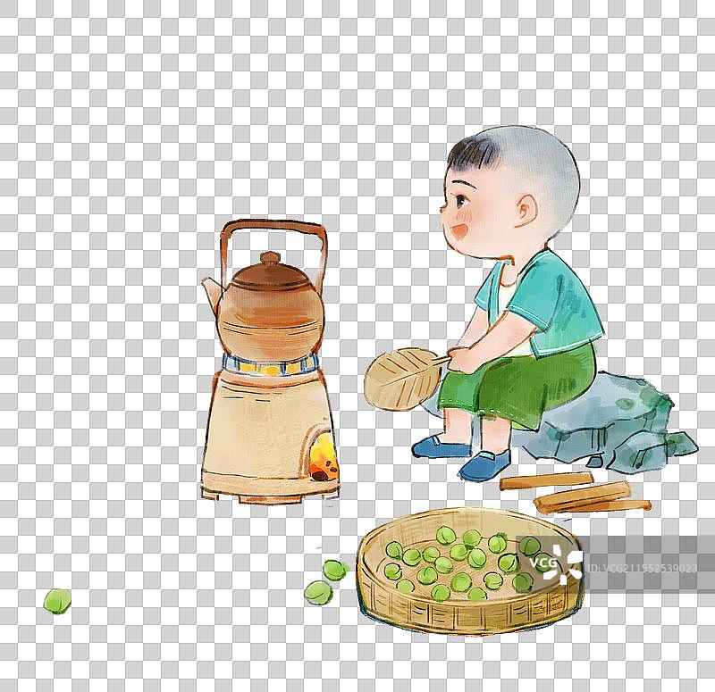 儿童围炉煮茶煮青梅汤水墨画图片素材