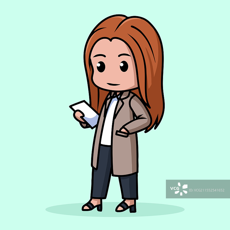 可爱风格的迷你女性穿着长外套，摆出行走姿势图片素材