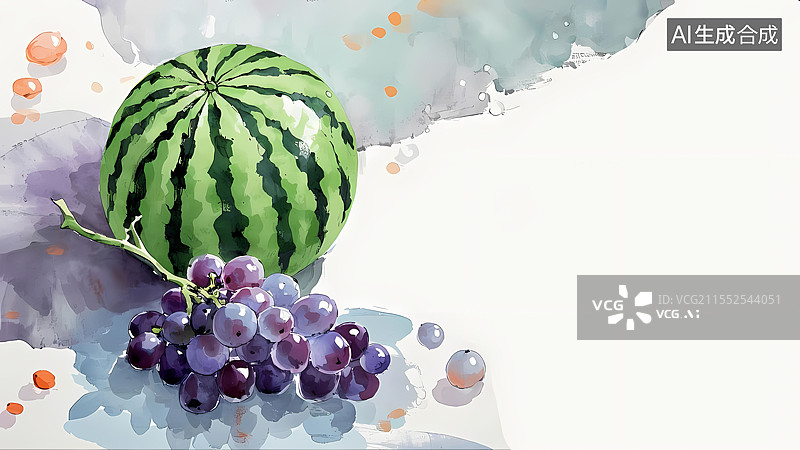 【AI数字艺术】西瓜葡萄水果水墨风背景居左图片素材