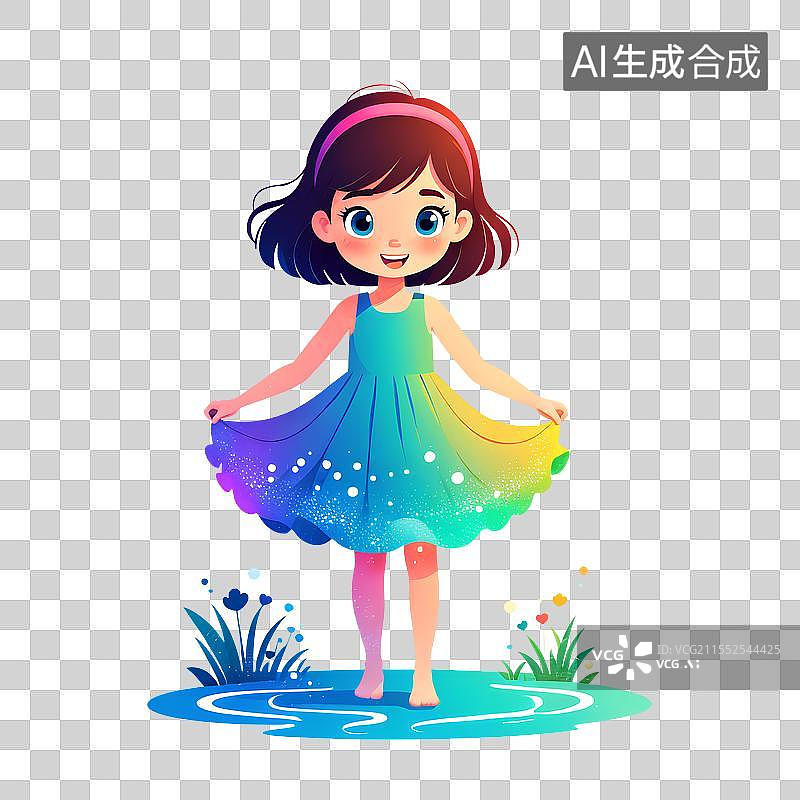 【AI数字艺术】时尚儿童插画 正在玩水的女孩图片素材