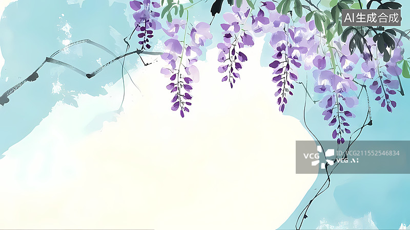 【AI数字艺术】紫藤萝水墨画背景右上图片素材