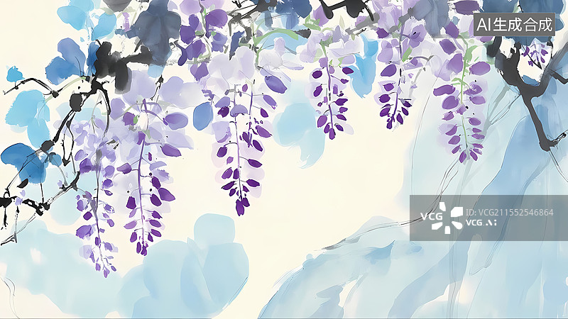 【AI数字艺术】紫藤萝水墨画背景环绕图片素材