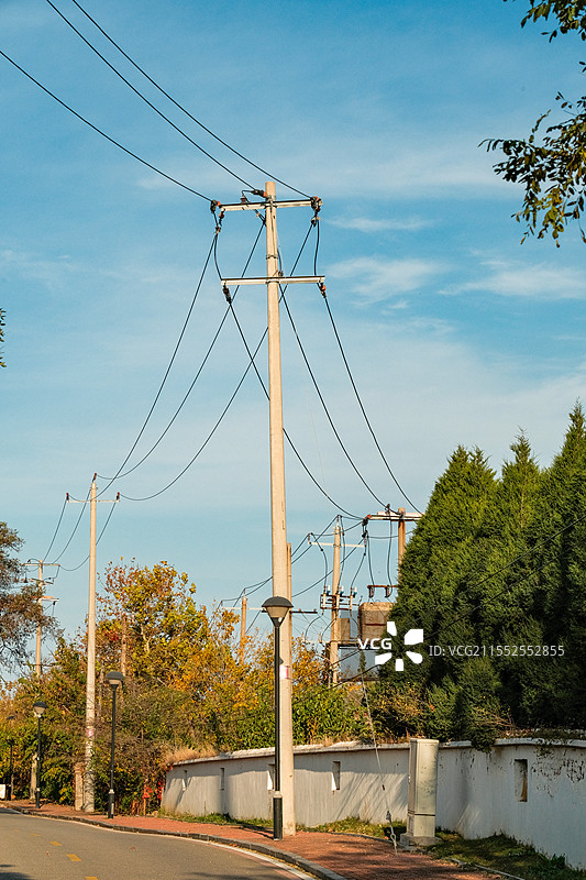 晴朗天气的泊油路和路边电线杆图片素材