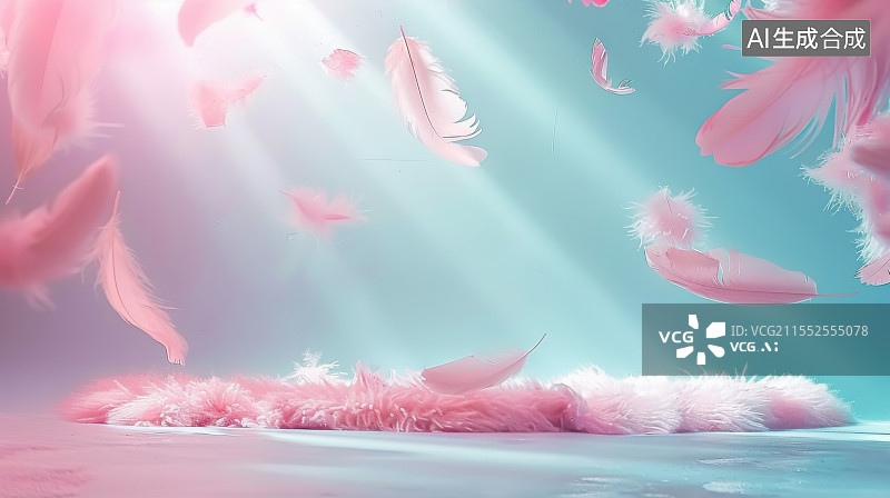 【AI数字艺术】粉色羽毛柔美舞台背景妇女节女神购物节背景图片素材