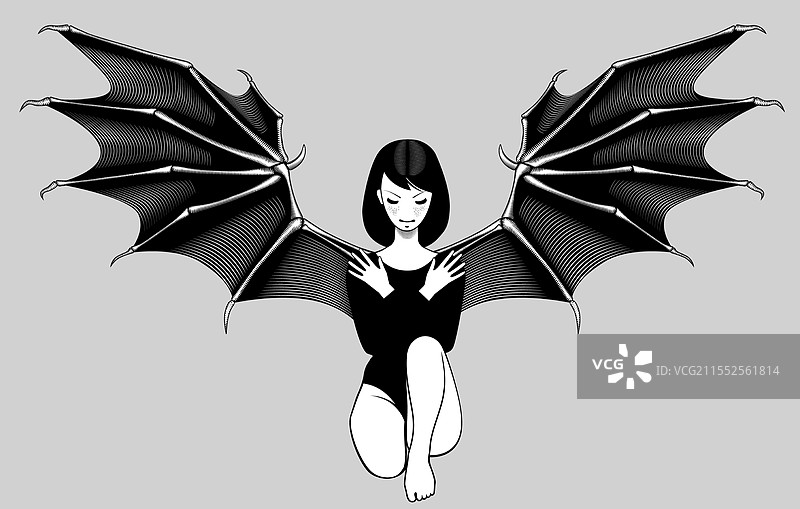 坐着的小女孩展开了蝙蝠翅膀图片素材