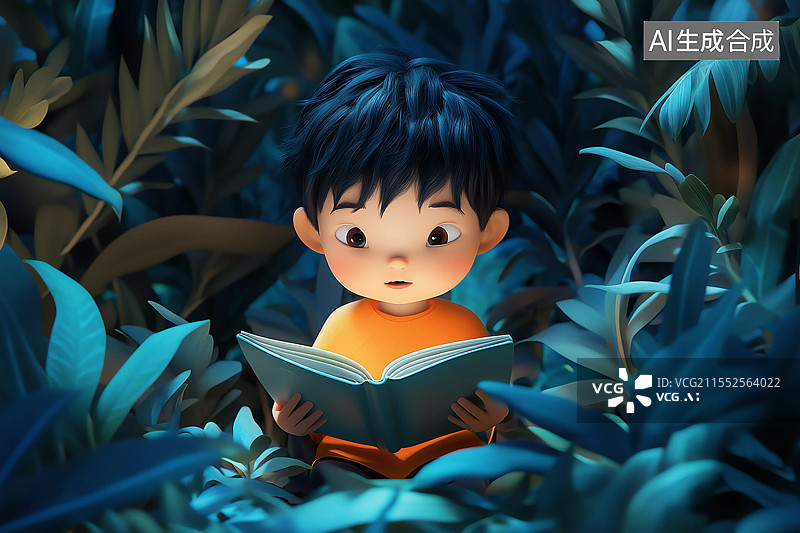 【AI数字艺术】花丛中读书的小男孩插画图片素材