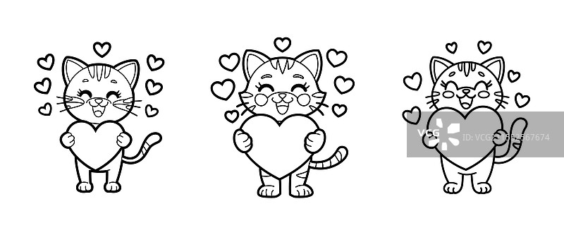三只可爱的卡通猫咪手捧爱心图片素材
